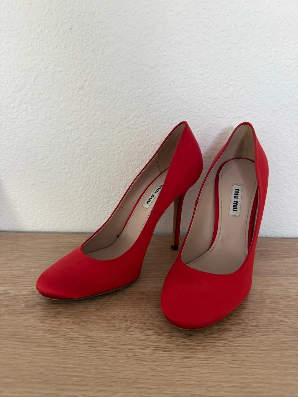 Miu Miu Red Satin Round Toe Stiletto Pumps size 39.5